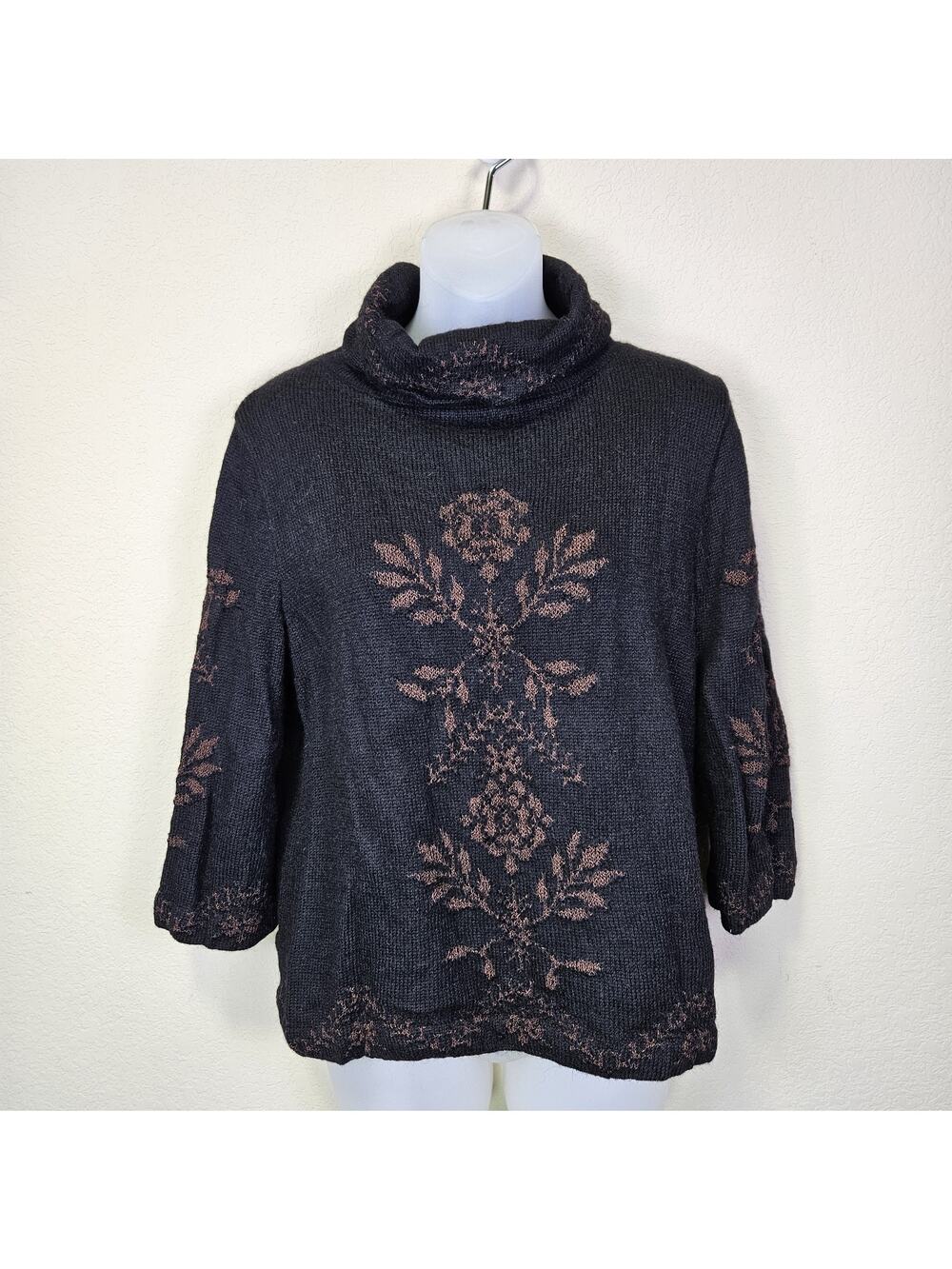 Millma Bolivia Handloomed Sweater Alpaca Wool Womens L Floral Turtleneck Black